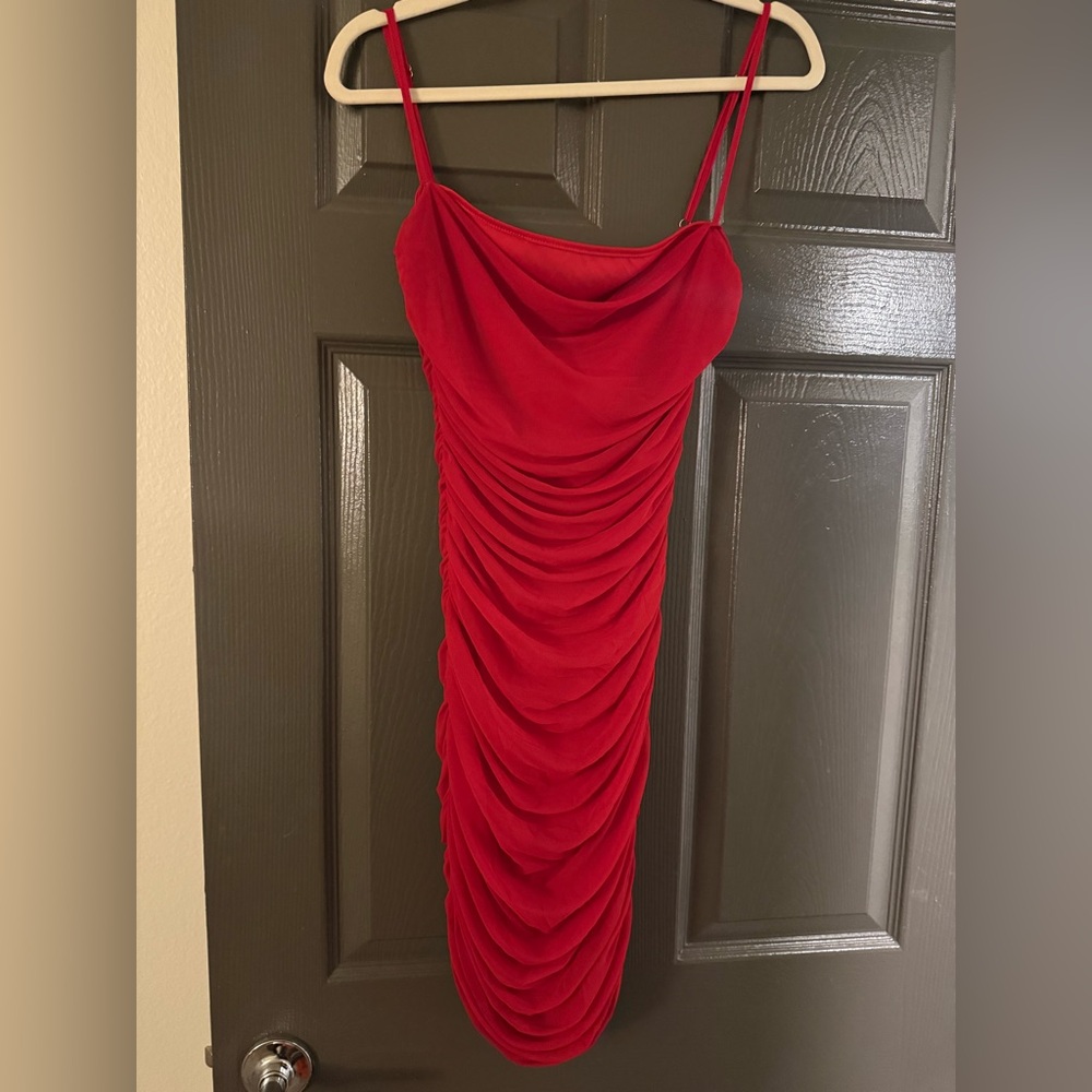 Mini Red Ruched Dress - Picture 2 of 4